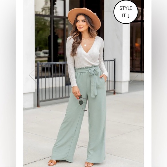 Pink Lily Epiphany Moment Sage Green Paper Bag Wide Leg Trouser Pants Size Small - Picture 2 of 11